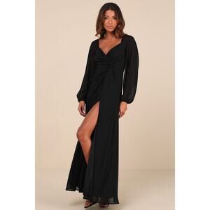 NEW Lulus women SZ L Composed Soiree Black Twist-Front Long Sleeve Maxi Dress